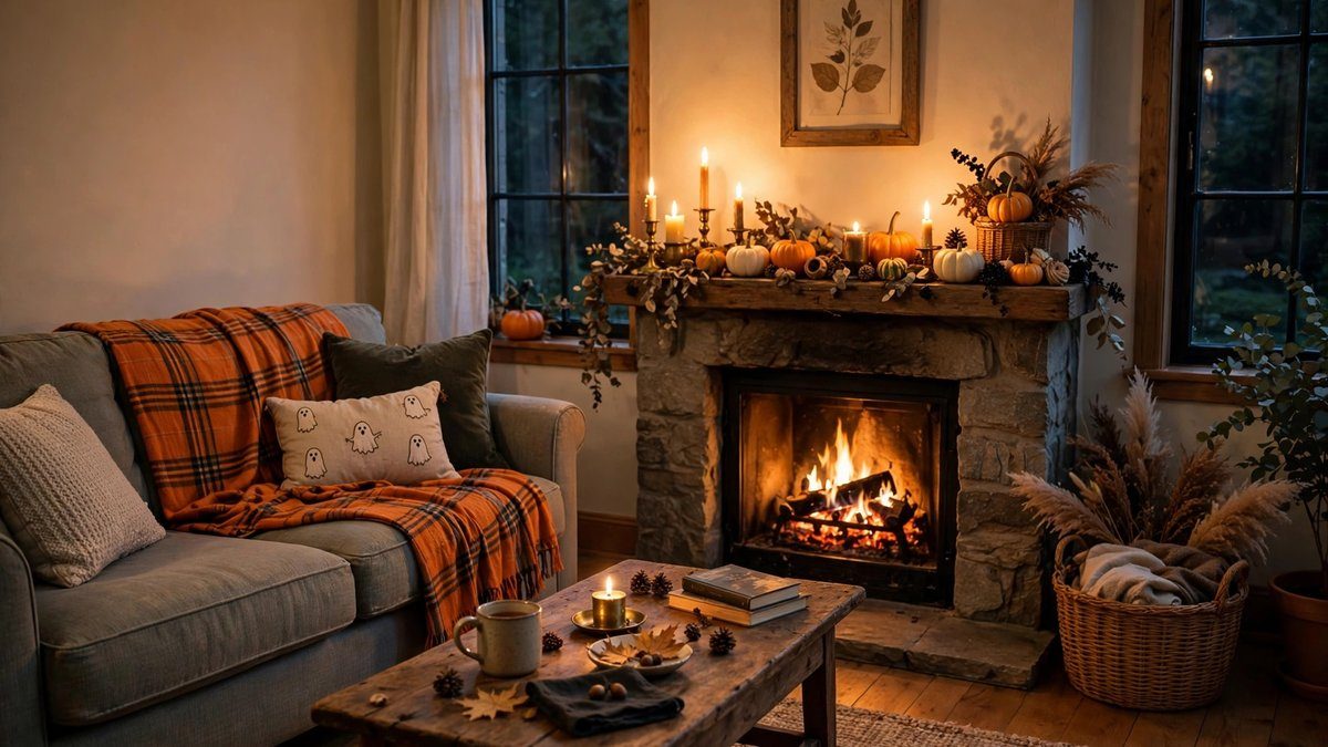 Halloween decor ideas in a cozy living room with pumpkins and candles