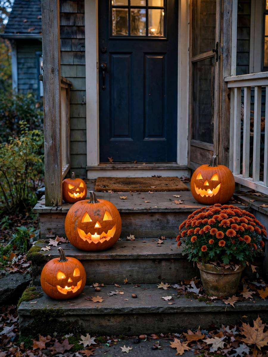 Jack-o'-lantern porch steps with mums – Halloween decor ideas for the porch