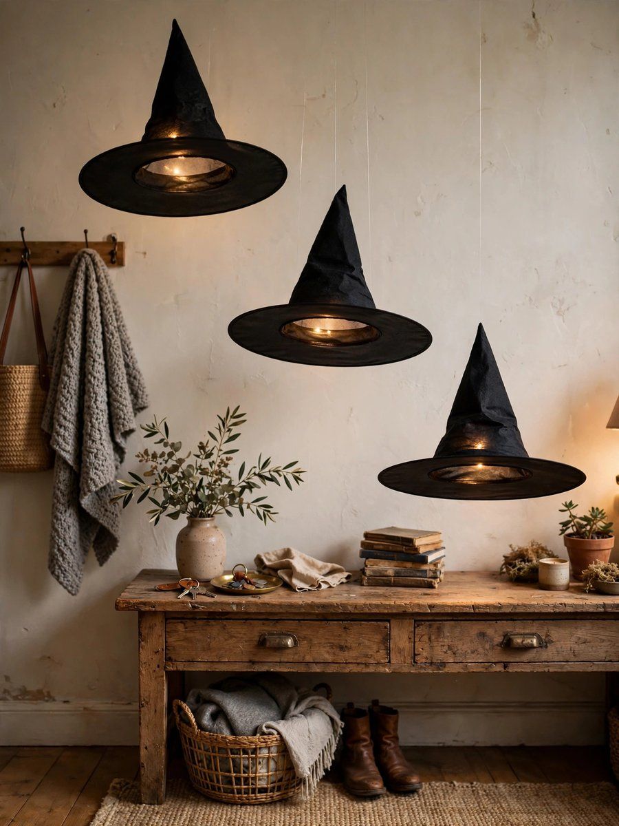 Floating witch hats with glowing lights – easy Halloween decor idea