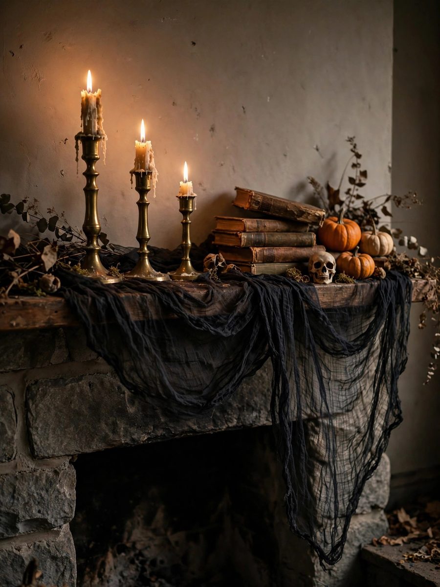 Haunted fireplace mantel with candles – Halloween decor idea