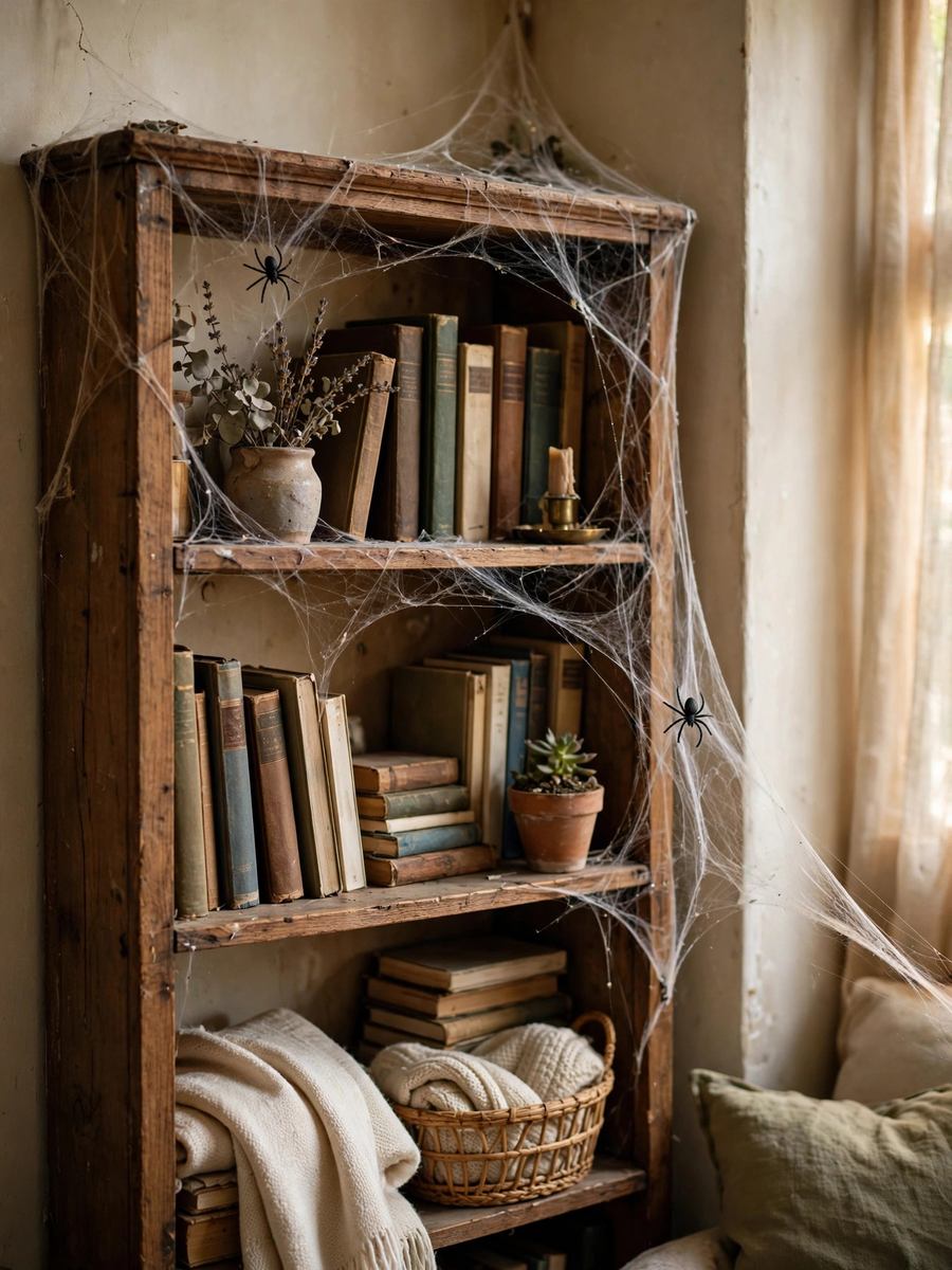 Spiderweb corner decor on a bookshelf – budget Halloween decor idea