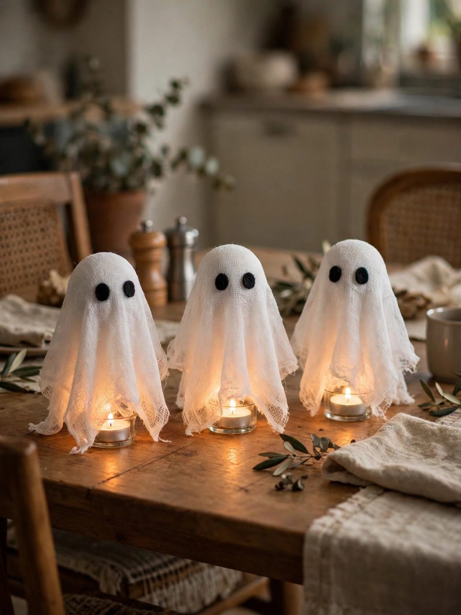 Cheesecloth ghosts centerpiece – cute Halloween decor idea