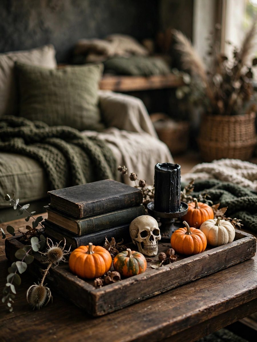Gothic coffee table tray with black candle – Halloween decor idea