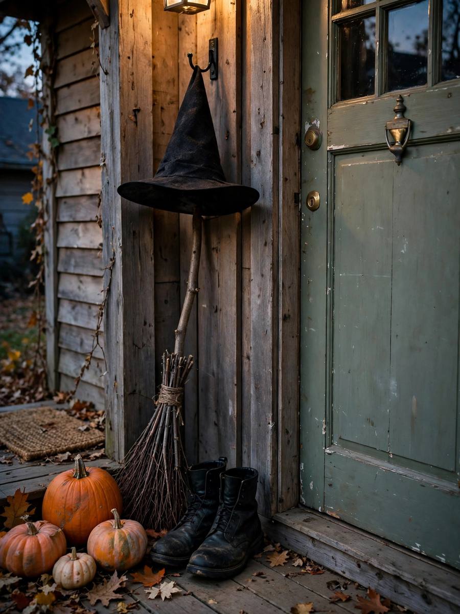 Witch broom porch corner with hat and boots – Halloween decor ideas