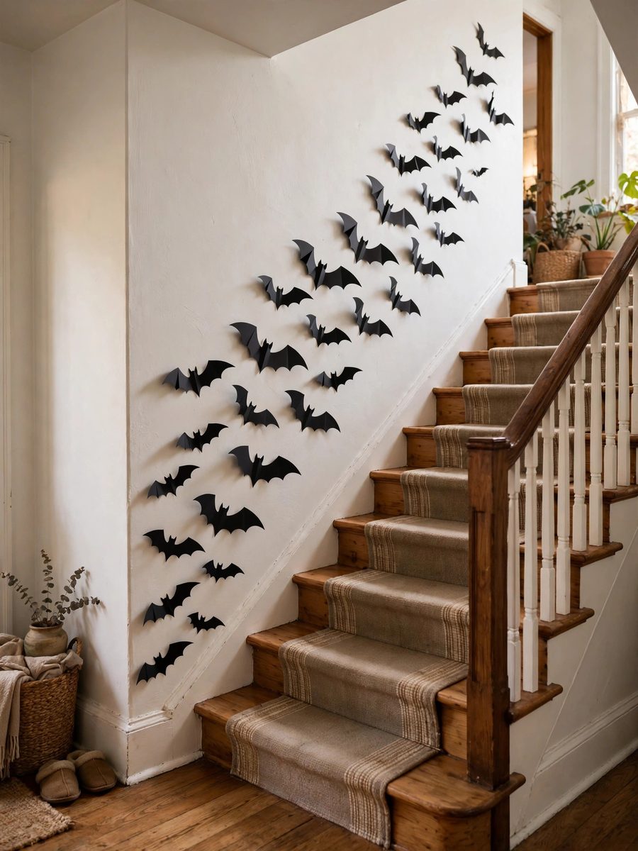 Paper bat wall flying up a staircase – renter-friendly Halloween decor idea