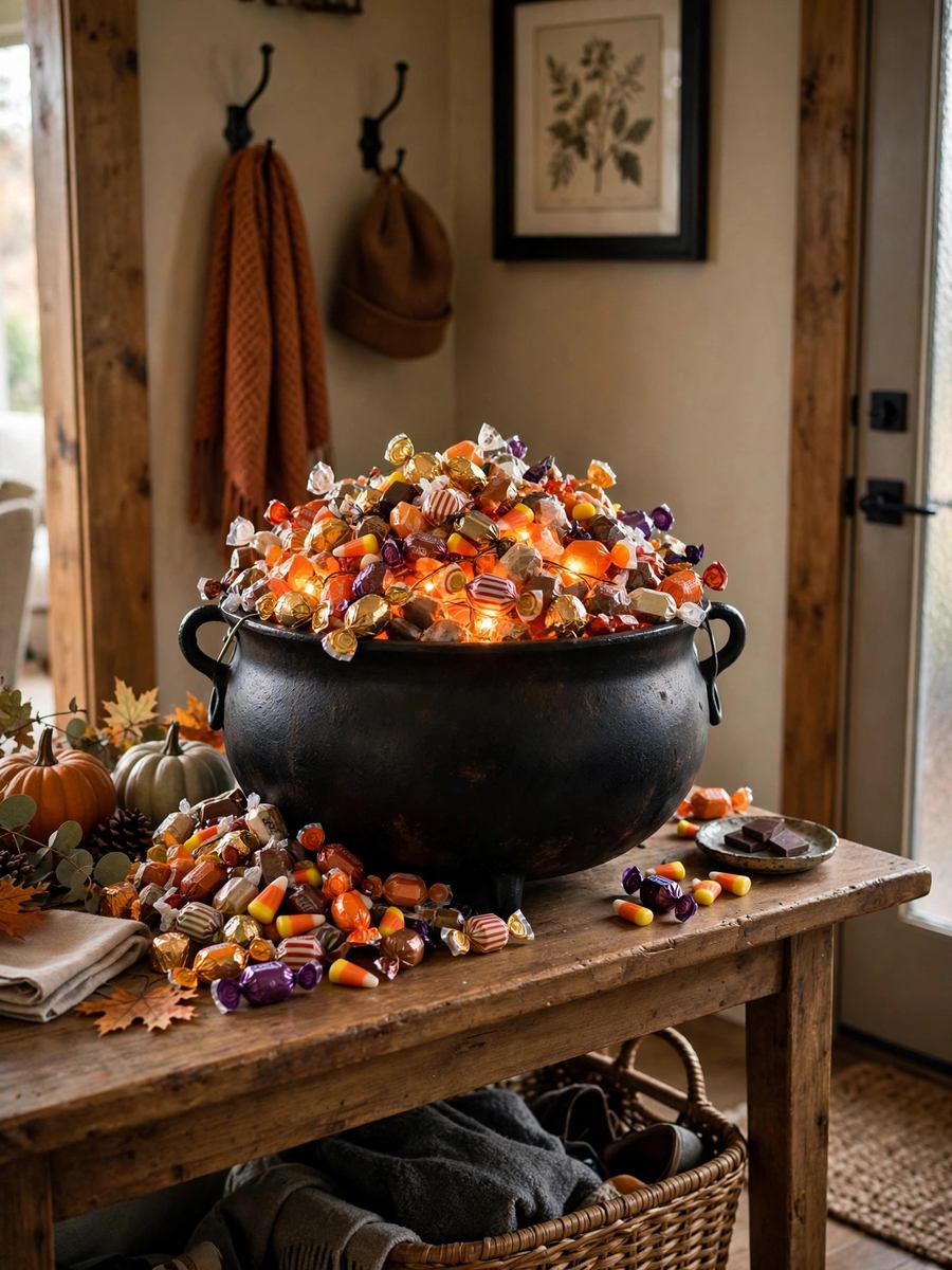 Cauldron candy station on an entryway console – Halloween decor idea