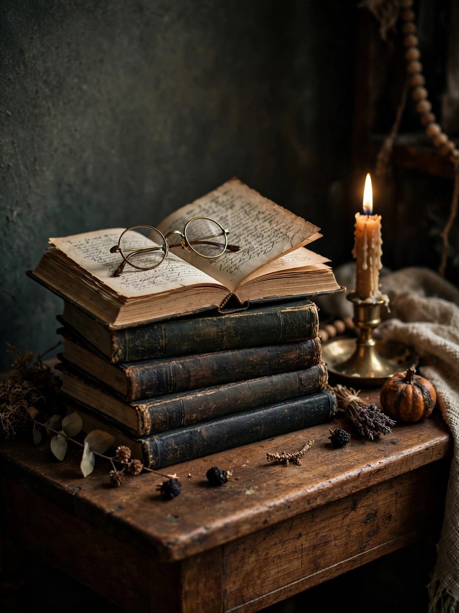 Vintage spell book stack with candle – cozy Halloween decor idea