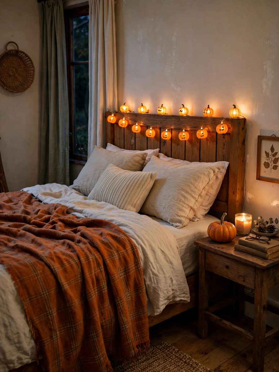 Cozy Halloween bedroom with pumpkin string lights – Halloween decor idea