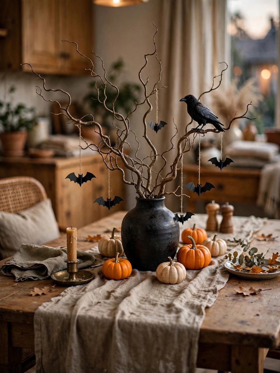 Spooky branch centerpiece with hanging bats – Halloween decor ideas for the dining table