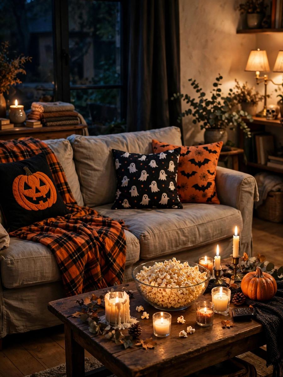 Halloween movie night sofa with plaid throw and candles – cozy Halloween decor idea