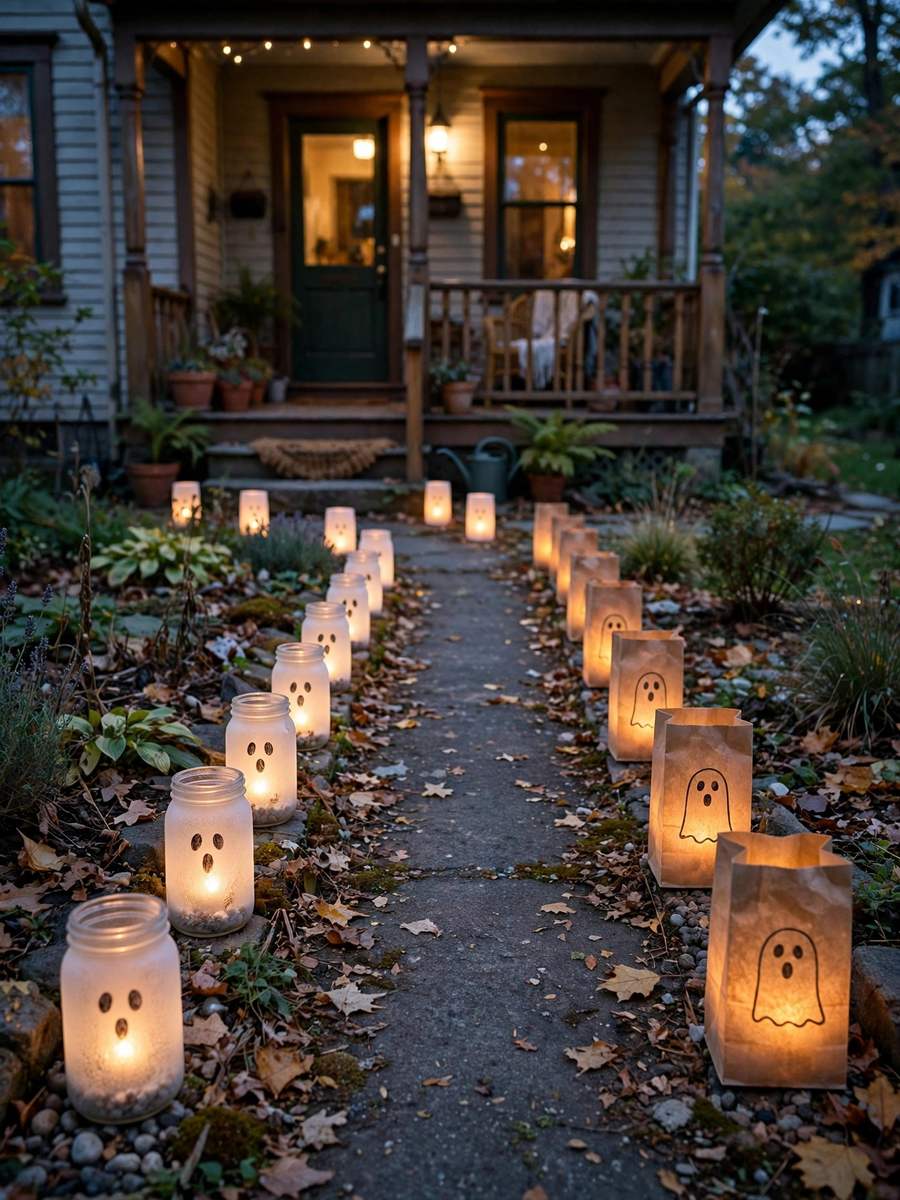 Glowing ghost luminaries lining a walkway – Halloween decor ideas