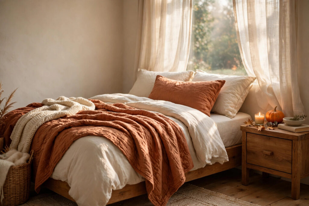 Cozy bedroom with layered bedding