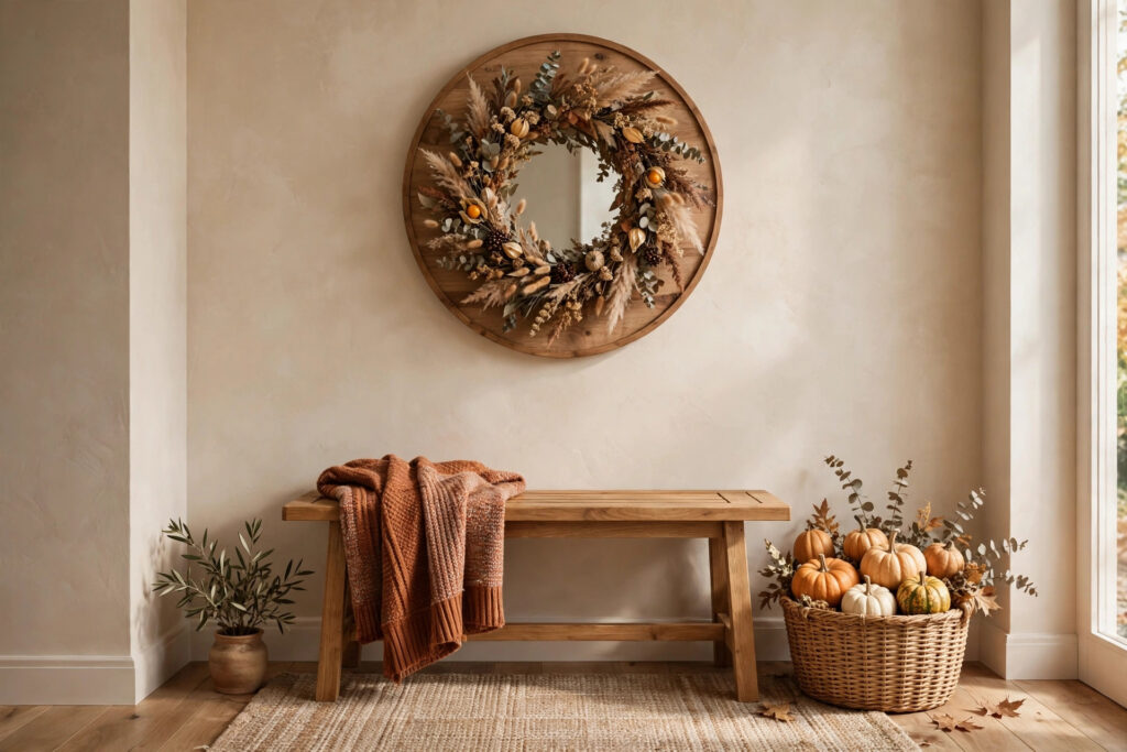 Styled fall entryway with autumn decor